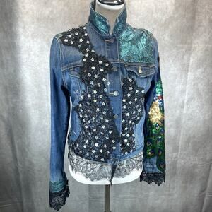 Embellished Denim Jacket Women’s Small Angel Beaded Peacock Lace Sequins Stars